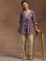 Purple Printed Silk Blend A-line Kurti - Image 4
