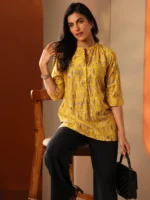 Yellow Printed Silk Blend Straight Short Kurti