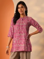 Pink Printed Silk Blend Straight Short Kurti - Image 4