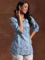 Blue Printed Cotton Straight Kurti - Image 3