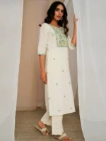 Off White Embroidered Cotton Straight Kurta - Image 2