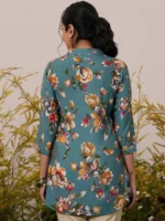 Blue Printed Silk Blend A-Line Kurti - Image 4