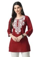 Kurti for Women - Short Chikankari Kurtis for Girls, Lakhnawi Tunic Top Kurta Design for Ladies, Woman Ethnic Kurthis & Shirt with Sleeve, Plain Straight Embroidery for Office